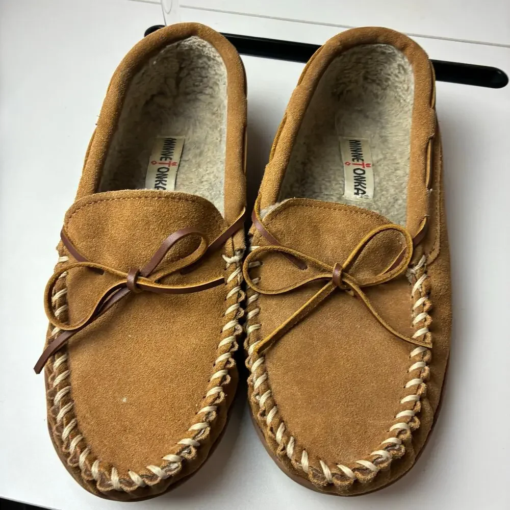 Minnetonka Moccasin Slipper Shoes Men Size 9 Chestnut Leather Slip On READ